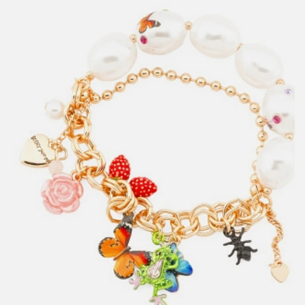 👉✨️ Betsey Johnson Gold Faux Pearls Colorful Charms Stretch Bracelet